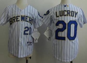 Kids Milwaukee Brewers 20 Jonathan Lucroy White(Blue Stripe) Stitched Baseball Jersey