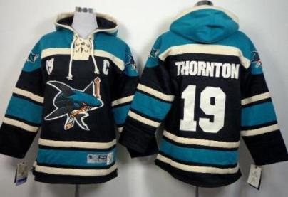 Kids San Jose Sharks 19 Joe Thornton Black Stitched NHL Sawyer Hooded Sweatshirt Jersey
