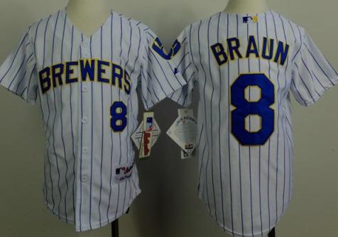 Kids Milwaukee Brewers #8 Ryan Braun White Blue Stripe MLB Jersey