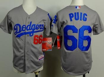 Kids Los Angeles Dodgers #66 Yasiel Puig Grey Cool Base MLB Jerseys
