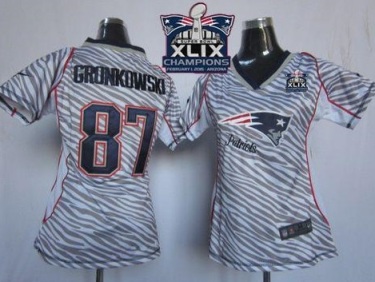 Women's New England Patriots #87 Rob Gronkowski Zebra Super Bowl XLIX Champions Patch Stitched NFL Jersey
