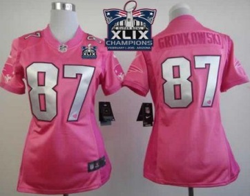 Women's New England Patriots #87 Rob Gronkowski Pink Super Bowl XLIX Champions Patch Be Luv'd Stitched NFL Jersey