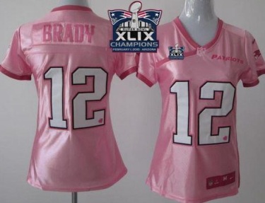 Women's New England Patriots #12 Tom Brady Pink Super Bowl XLIX Champions Patch Be Luv'd Stitched NFL Jersey