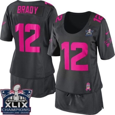 Women's New England Patriots #12 Tom Brady Dark Grey Super Bowl XLIX Champions Patch Breast Cancer Awareness Stitched NFL Jersey