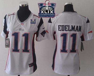 Women's New England Patriots #11 Julian Edelman White Super Bowl XLIX Champions Patch Stitched NFL Jersey