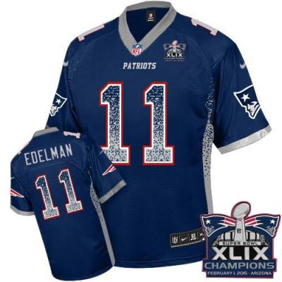 Youth New England Patriots #11 Julian Edelman Navy Blue Team Color Super Bowl XLIX Champions Patch Stitched NFL Drift Fashion Jersey