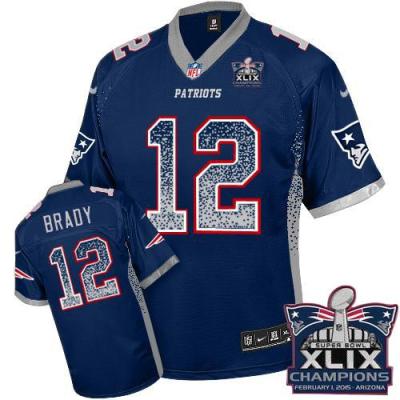 Youth New England Patriots #12 Tom Brady Navy Blue Team Color Super Bowl XLIX Champions Patch Stitched NFL Drift Fashion Jersey