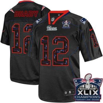 New England Patriots #12 Tom Brady New Lights Out Black Super Bowl XLIX Champions Patch Men's Stitched NFL Elite Jersey