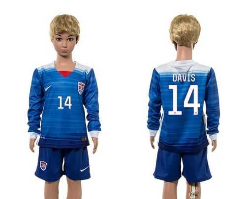 USA #14 Davis Away Long Sleeves Kid Soccer Country Jersey