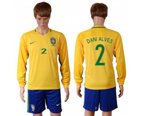 Brazil #2 Dani Alves Home Long Sleeves Soccer Country Jersey