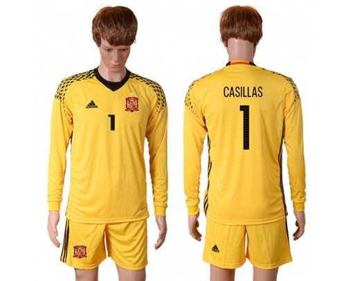 Spain #1 Casillas Yellow Goalkeeper Long Sleeves Soccer Country Jersey