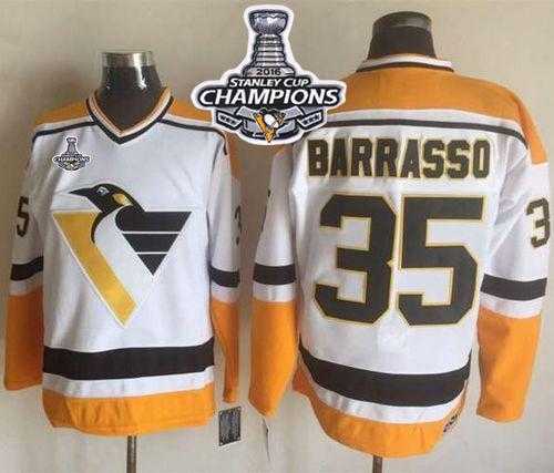 Pittsburgh Penguins #35 Tom Barrasso White-Yellow CCM Throwback 2016 Stanley Cup Champions Stitched NHL Jersey