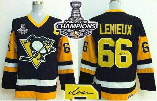 Pittsburgh Penguins #66 Mario Lemieux Black CCM Throwback Autographed 2016 Stanley Cup Champions Stitched NHL Jersey