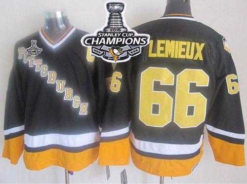 Pittsburgh Penguins #66 Mario Lemieux Black-Yellow CCM Throwback 2016 Stanley Cup Champions Stitched NHL Jersey