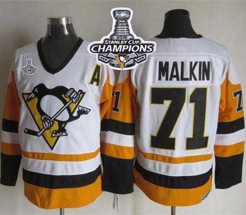 Pittsburgh Penguins #71 Evgeni Malkin White-Black CCM Throwback 2016 Stanley Cup Champions Stitched NHL Jersey