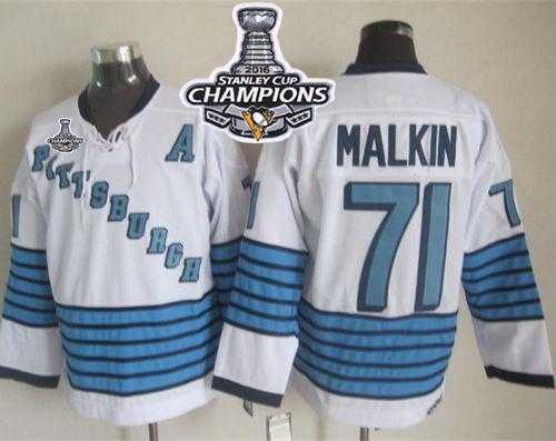 Pittsburgh Penguins #71 Evgeni Malkin White-Light Blue CCM Throwback 2016 Stanley Cup Champions Stitched NHL Jersey