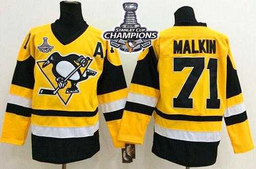 Pittsburgh Penguins #71 Evgeni Malkin Yellow Throwback 2016 Stanley Cup Champions Stitched NHL Jersey