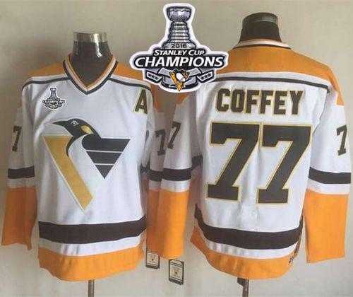 Pittsburgh Penguins #77 Paul Coffey White-Yellow CCM Throwback 2016 Stanley Cup Champions Stitched NHL Jersey