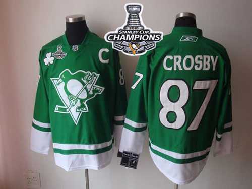 Pittsburgh Penguins #87 Sidney Crosby Green St Patty's Day 2016 Stanley Cup Champions Stitched NHL Jersey