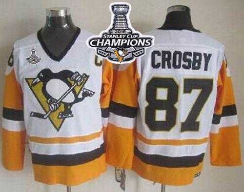 Pittsburgh Penguins #87 Sidney Crosby White-Black CCM Throwback 2016 Stanley Cup Champions Stitched NHL Jersey