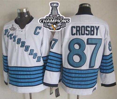 Pittsburgh Penguins #87 Sidney Crosby White-Light Blue CCM Throwback 2016 Stanley Cup Champions Stitched NHL Jersey
