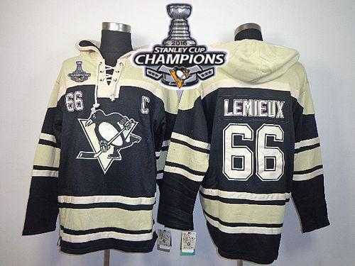 Pittsburgh Penguins #66 Mario Lemieux Black Sawyer Hooded Sweatshirt 2016 Stanley Cup Champions Stitched NHL Jersey