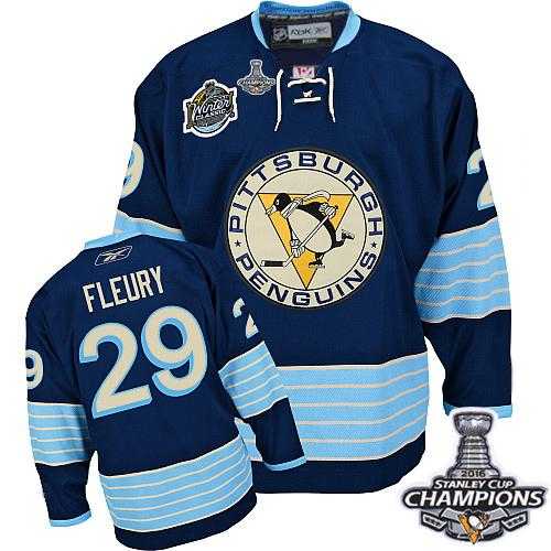 Youth Pittsburgh Penguins #29 Andre Fleury 2011 Winter Classic Vintage Dark Blue 2016 Stanley Cup Champions Stitched NHL Jersey