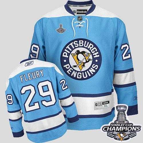 Youth Pittsburgh Penguins #29 Andre Fleury Blue 2016 Stanley Cup Champions Stitched NHL Jersey