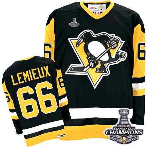 Youth Pittsburgh Penguins #66 Mario Lemieux Black CCM Throwback 2016 Stanley Cup Champions Stitched NHL Jersey