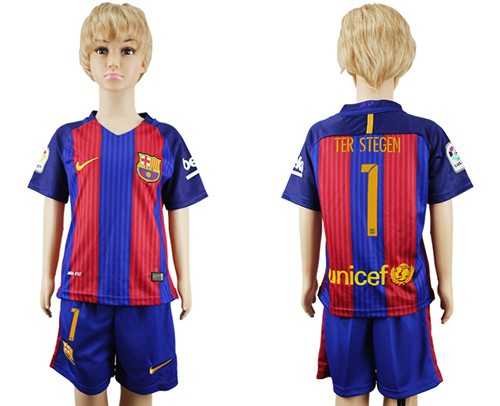 Barcelona #1 Ter Stegen Home Kid Soccer Club Jersey
