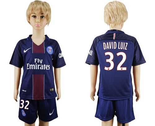 Paris Saint-Germain #32 David Luiz Home Kid Soccer Club Jersey