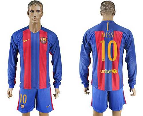 Barcelona #10 Messi Home Long Sleeves Soccer Club Jersey