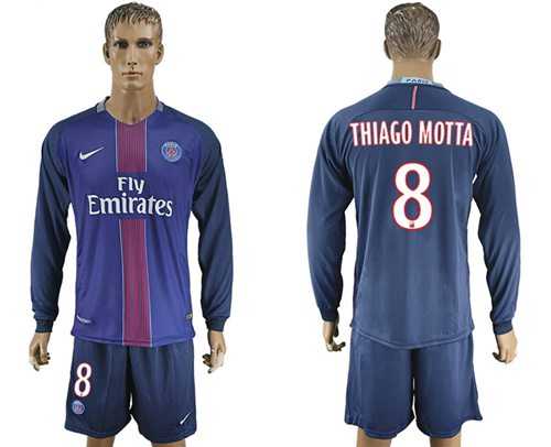 Paris Saint-Germain #8 Thiago Motta Home Long Sleeves Soccer Club Jersey