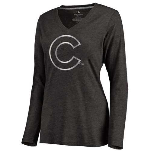 Women's Chicago Cubs Platinum Collection Long Sleeve V-Neck Tri-Blend T-Shirt Black