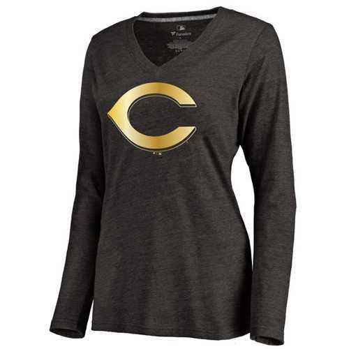 Women's Cincinnati Reds Gold Collection Long Sleeve V-Neck Tri-Blend T-Shirt Black