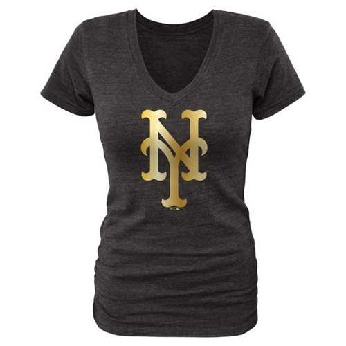 Women's New York Mets Fanatics Apparel Gold Collection V-Neck Tri-Blend T-Shirt Black
