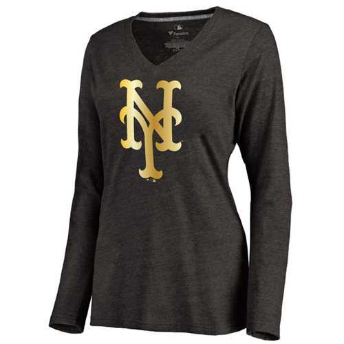 Women's New York Mets Gold Collection Long Sleeve V-Neck Tri-Blend T-Shirt Black