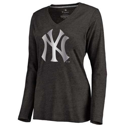 Women's New York Yankees Platinum Collection Long Sleeve V-Neck Tri-Blend T-Shirt Black
