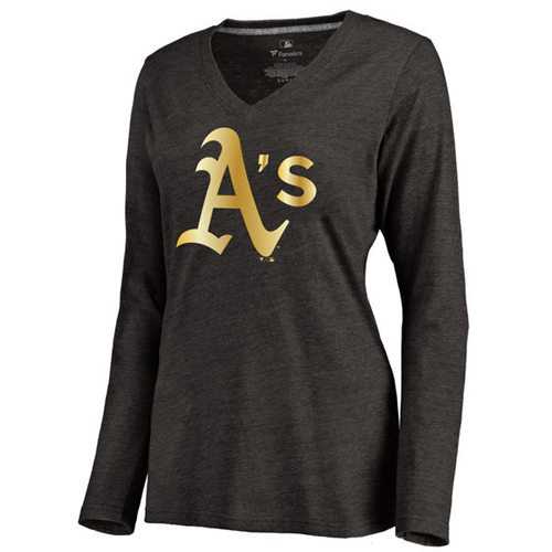 Women's Oakland Athletics Gold Collection Long Sleeve V-Neck Tri-Blend T-Shirt Black
