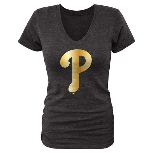 Women's Philadelphia Phillies Fanatics Apparel Gold Collection V-Neck Tri-Blend T-Shirt Black