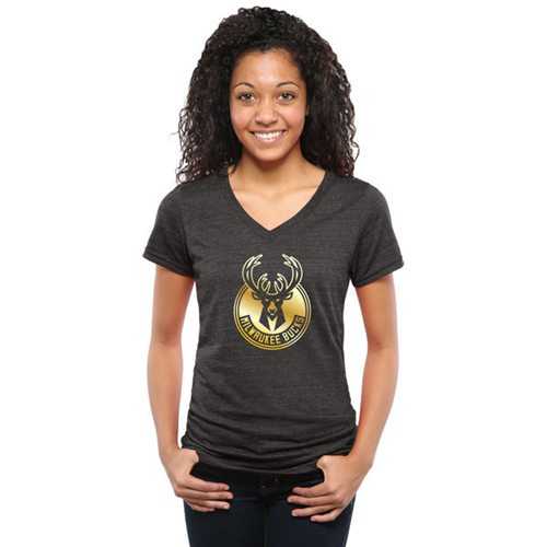 Women's Milwaukee Bucks Gold Collection V-Neck Tri-Blend T-Shirt Black