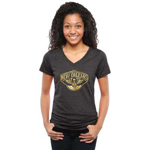 Women's New Orleans Pelicans Gold Collection V-Neck Tri-Blend T-Shirt Black