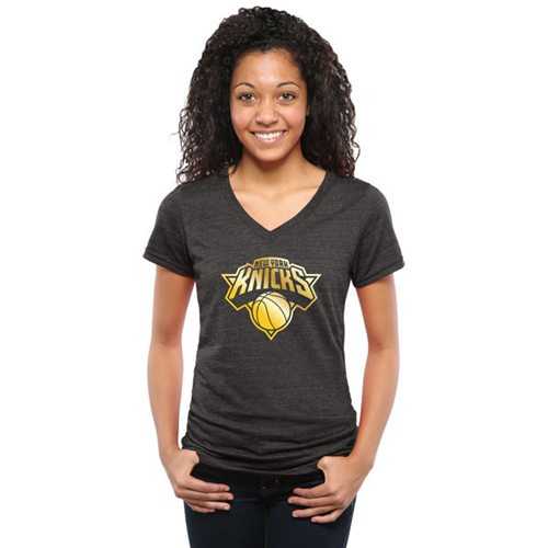 Women's New York Knicks Gold Collection V-Neck Tri-Blend T-Shirt Black