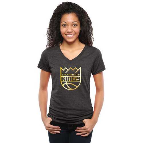Women's Sacramento Kings Gold Collection V-Neck Tri-Blend T-Shirt Black