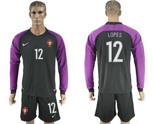 Portugal #12 Lopes Black Goalkeeper Long Sleeves Soccer Country Jersey