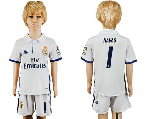 Real Madrid #1 Navas White Home Kid Soccer Club Jersey