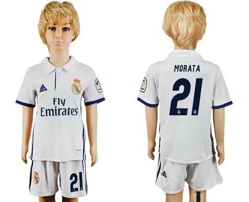 Real Madrid #21 Morata White Home Kid Soccer Club Jersey