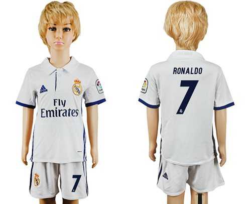 Real Madrid #7 Ronaldo White Home Kid Soccer Club Jersey