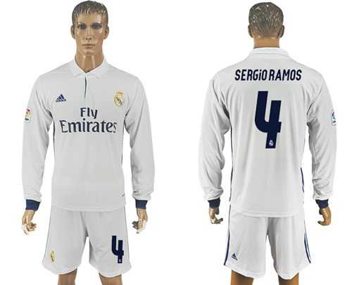 Real Madrid #4 Sergio Ramos White Home Long Sleeves Soccer Club Jersey