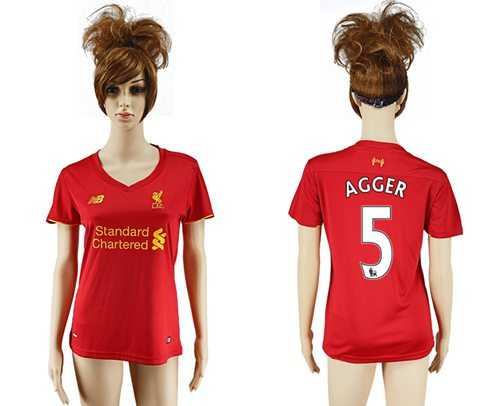 Women's Liverpool #5 Agger Red Home Soccer Club Jersey